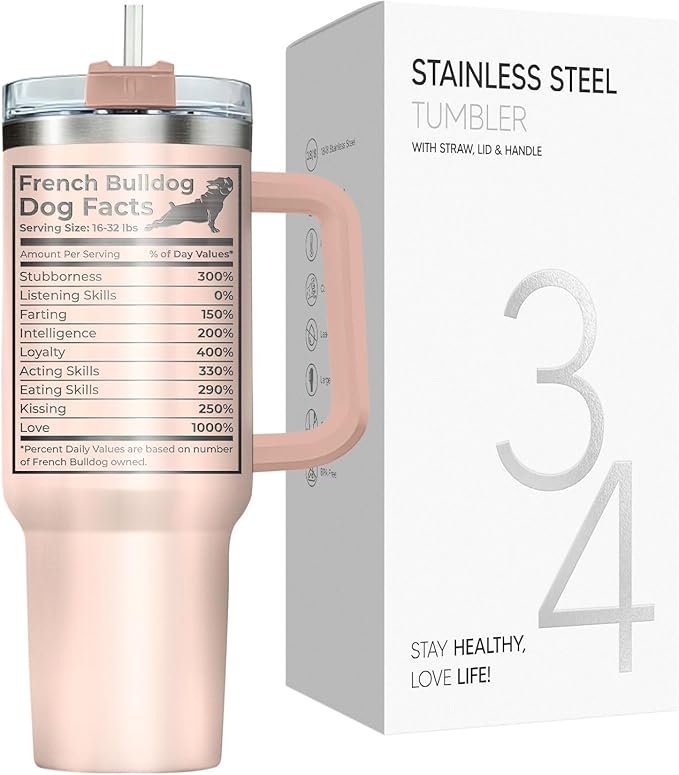 34HD 40oz French Bulldog Tumbler with Handle and Straw, Vacuum Insulated French Dog Coffee Mug with Lid, Birthday Gifts for Pet Owners, Funny Gifts for Dog Mom Mothers Day Women