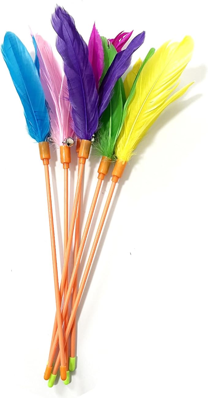 Cat Wands, 6 PCS Colorful Feather Cat Teaser Toys Interactive Cat Feathers Wand with Bell for Cat and Kitten
