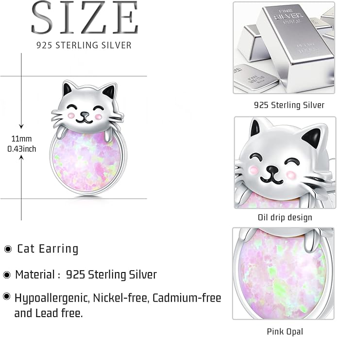 925 Sterling Silver Cat Earrings Cute Animal Kitten Stud Earrings cat Jewelry Gifts for Women Girls Hypoallergenic Earrings for Sensitive Ears