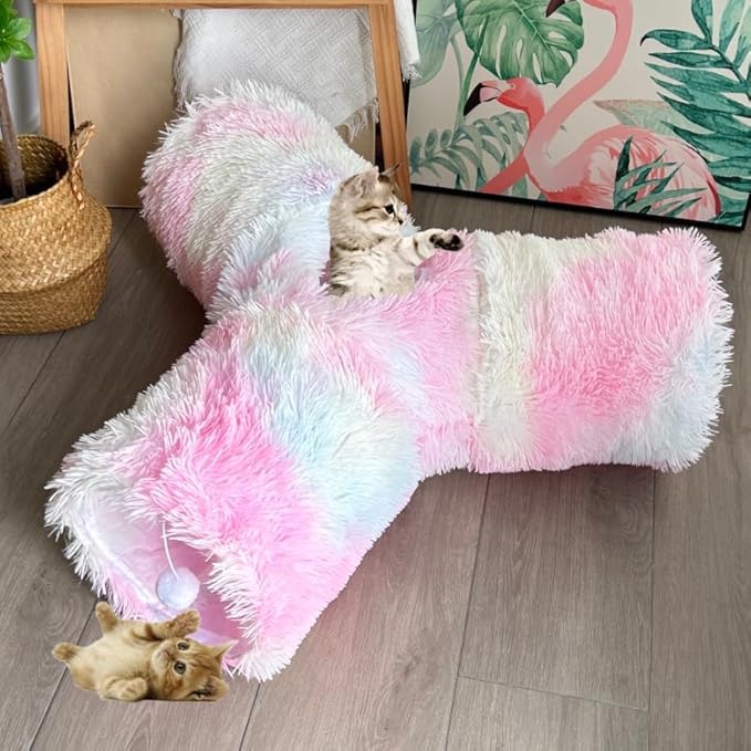 Cat Tunnel Tube Toy, Tunnels for Indoor Catss Soft Warm Rainbow Plush, 3 Way Collapsible Interactive Toys Maze House with Peek Hole Dangling Ball for Rabbit, Puppy, Kitty, Kittens