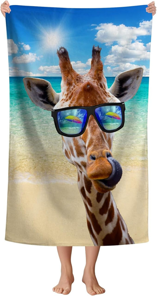 WZOMT Funny Giraffe Beach Towel Microfiber Cartoon Giraffes with Sunglass Summer Ocean Bath Towels for Kids Adults, Giraffe Gifts, Quick-Dry Absorbent Swim Pool Towel, Oversized 32x52 Inch