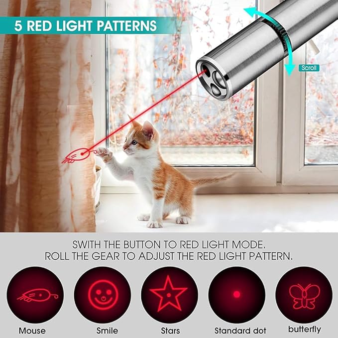 Cat Toys for Indoor Cat Mouse Toys Pet Interactive Toys Pointer Kitten Cat Dog Chase Play LED Flashlight 7 Adjustable Patterns Red Light Remotes Teaching Tool Rechargeable