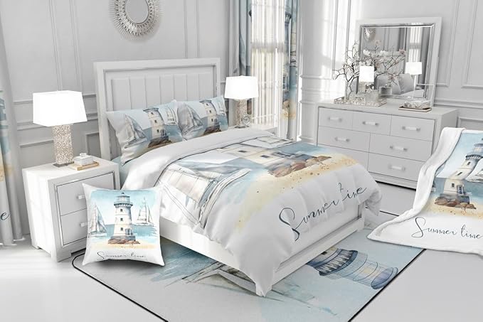 Nautical Sherpa Sailboat Lighthouse Ocean Themed Throw Blanket for Travel, Summer Beach Fleece Decoratives Sea Adventure Bedroom Decor, Luxury White Light Blue