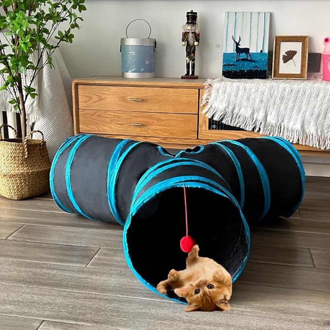 Cat Tunnel Tube Toys, Black Tunnels for Indoor Cats, 3 Way Collapsible Interactive Toy Maze House with Peek Holes Dangling Ball for Rabbit, Kitten, Kitty, Puppy with Wand Toy