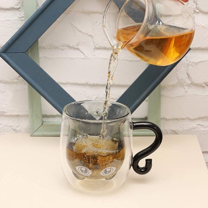 Black Cat Mug Cute Mug with Handle Double Walled Coffee Mugs Kawaii Cat Presents for Women Glass Mugs Tea Cup Cute Birthday Gifts for Cat Lovers Ideas Halloween Christmas