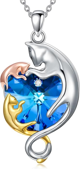 AOBOCO Valentine Cat Necklace for Women 925 Sterling Silver Cat Pendant Necklace Embellished with Crystals from Austria Jewelry Gifts for Cat Lovers