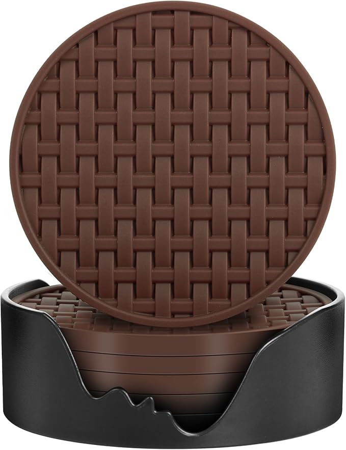 Brown Silicone Coasters 6 Packs with Holder, Heat Resistant & Waterproof Cup Mats, 4 Inches Non-Slip Decorative Coster Set for Home, Office, Kitchen, Coffee Bar Table