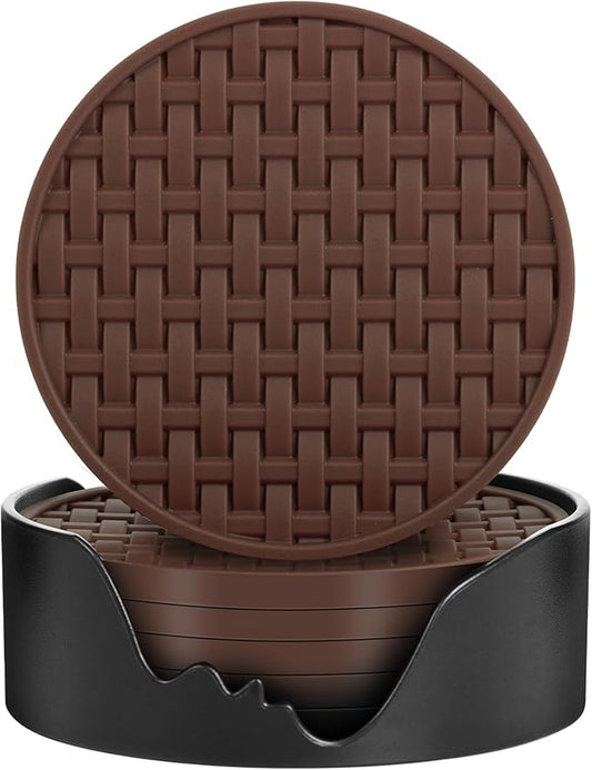 Brown Silicone Coasters 6 Packs with Holder, Heat Resistant & Waterproof Cup Mats, 4 Inches Non-Slip Decorative Coster Set for Home, Office, Kitchen, Coffee Bar Table