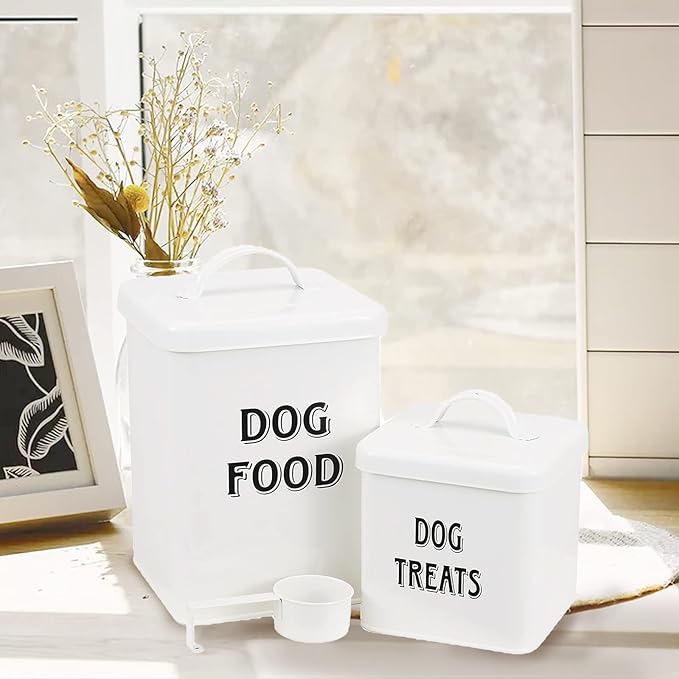 Pethiy Dog Food and Treats Containers Set with Scoop for Dogs-Vintage White Powder-Coated Carbon Steel - Tight Fitting Lids - Storage Canister Tins Small-White