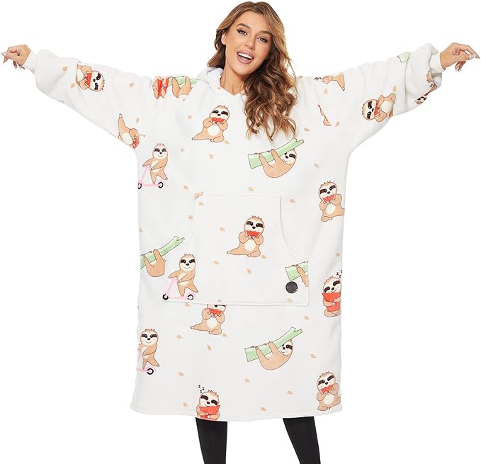 THREE POODLE Wearable Blanket Hoodie, Oversized Long Sherpa Sweatshirt Blanket for Adults Women Men, Warm Cozy Sloth Hooded Blanket, Gifts for Mom Girlfriend