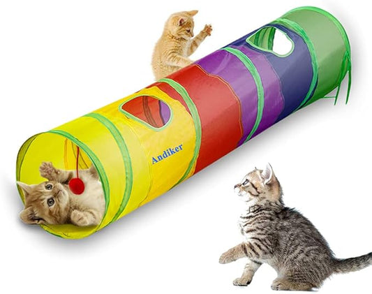 Andiker Cat Tunnel, Cat Tubes for Indoor Cats Collapsible Cat Play Toy for Puzzle Exercising Hiding Training and Running with a Red Fun Ball and 2 Holes (25&120cm) (Colorful)