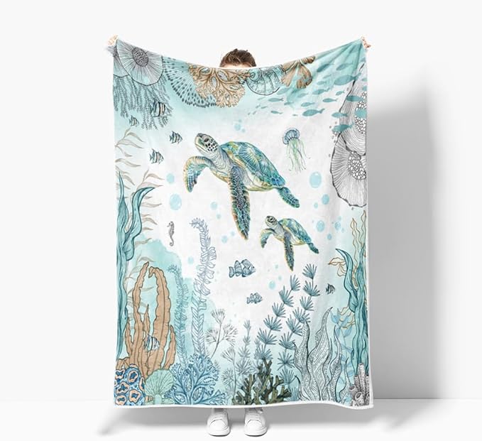 Turtle Blanket Funny Seashell Coral Beach Themed Throw Blankets, Farmhouse Sea Ocean Lightweight Soft Fleece Cozy Fleece Throw Blanket All Season Cozy Soft Lightweight Couch Sofa Bed Bedding