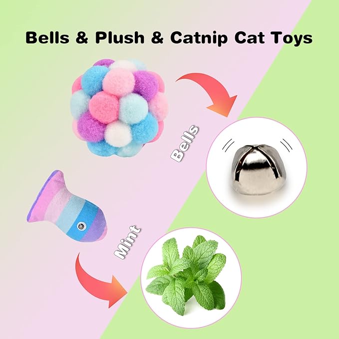 TUSATIY Cat Toys 3 Pack Set, Rainbow Cat Wand Toys, Cat String & Cat Ball with Bell & Catnip Toys, Interactive Kitten Toys for Indoor Cats(Purple Fish)