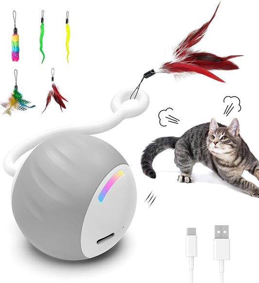 Cat Toys, Turbo Tail Popper Cat Toy 2-Speed Interactive Turbo Tail Mouse Cat Ball Toy Touch Control and Sound Control Smart Start Cat Toy With LED Lights Feathers and USB Type-C Charging Cable