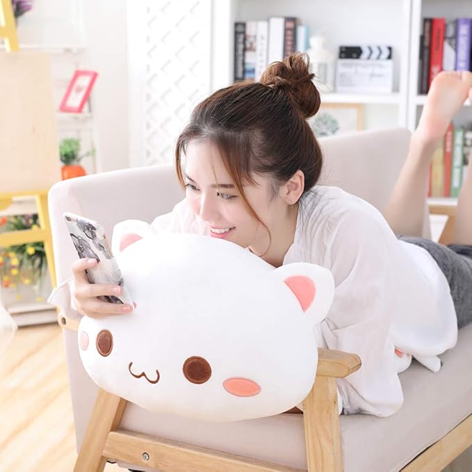 Cat Plush Hugging Pillow, Soft Cat Stuffed Animals Kawaii Kitten Plush Toy Gifts for Kids (White Round Eyes, 19.6")