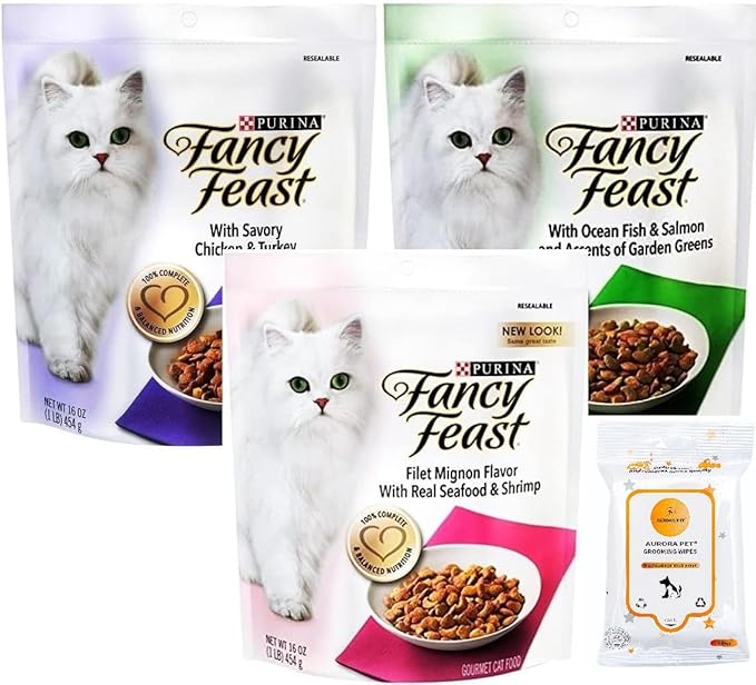 Aurora Pet Variety Pack (3) FF Gourmet Dry Cat Food (1) Filet Mignon (1) Ocean Fish & Salmon (1) Chicken & Turkey with AuroraPet Wipes