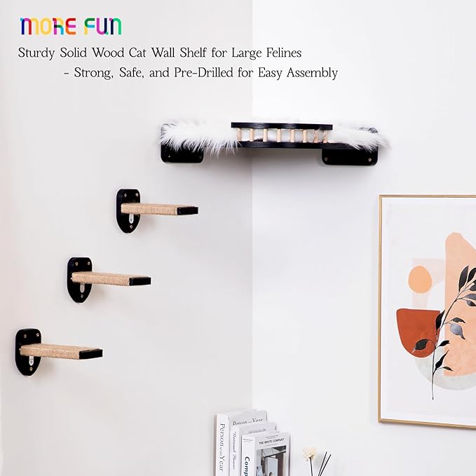 Cat Wall Shelves, Corner Cat Shelf with 3 Cat Wall Steps, Cat Shelves for Wall Large Cats Set, Cat Wall Bed with Plush Covered, Wall Mounted Cat Climbing Shelf for Indoor Cats (Black)