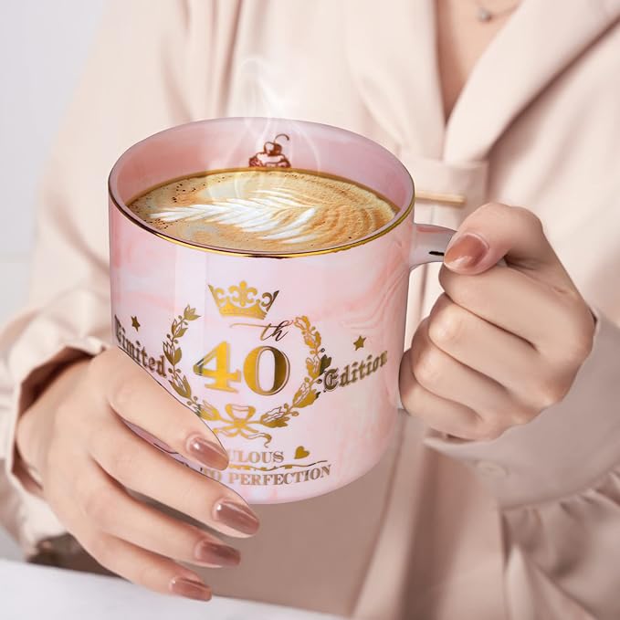 40th Birthday Gifts Women, Unique 40 Year Old Birthday Gifts Idea, Fabulous 40th Limited Edition, 1984 Birthday Gifts for Her Mom Wife Female Friend, 14oz Golden Pattern Mug, Lid, Spoon, Bow Gift Box