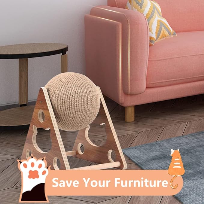 Cat Scratcher Toy,Natural Sisal Rope Cat Scratching Ball Scratcher Toy with Ball for Cats& Kittens&Dogs&Puppy, Interactive Solid Wood Scratcher Pet Toy (Small)