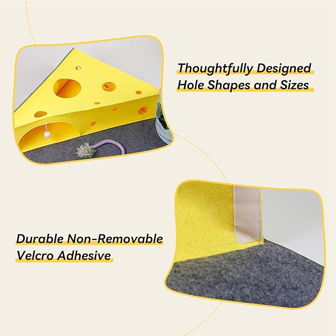 Cat Tunnel Bed for Indoor Cats Peekaboo, Warm 2-in-1 Cheese Shape Design with Ball Toy Large Cat Felt Mat, Scratch Resistant Cat Activity Play Mats for Multiple Cats, Dogs Up to 10lb [Yellow]