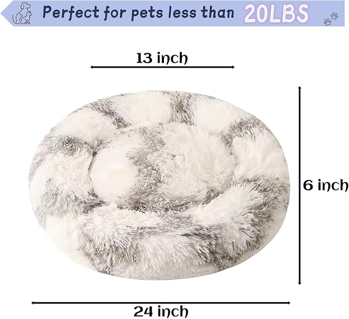 Dog Bed for Indoor, Faux Fur Calming Dog & Cat Bed 24' Anti-Anxiety Donut Soft Plush Cushion for Small Medium Dogs & Cats with Slip-Resistant Bottom (Grey+White)