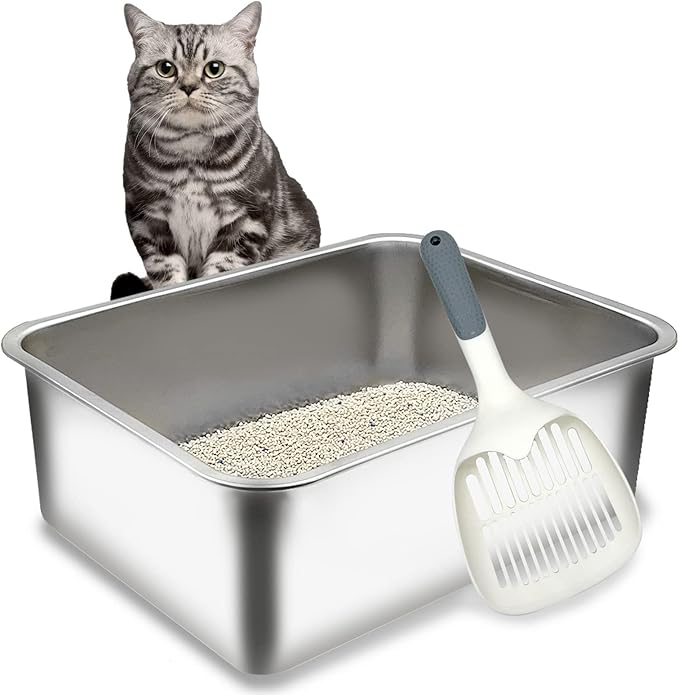 BNOSDM Stainless Steel Litter Box Medium Metal Cat Litter Boxes Odor Control Non Stick Pet Toilet Pan with Non-Slip Feet Mats and Litter Scoop for Cats Kittens Rabbits (17.7x13.8x6 Inches)