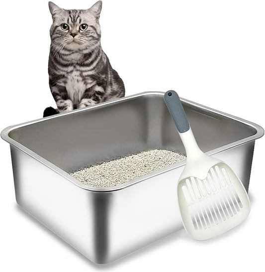 BNOSDM Stainless Steel Litter Box Medium Metal Cat Litter Boxes Odor Control Non Stick Pet Toilet Pan with Non-Slip Feet Mats and Litter Scoop for Cats Kittens Rabbits (17.7x13.8x6 Inches)