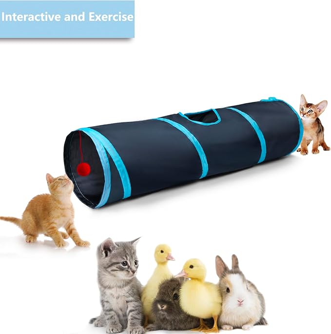 Cat Tunnel Tube Toys，Tunnels for Indoor Cats, 2 Way Blue Collapsible Interactive Toy with Balls for Rabbits, Kittens, Ferrets, Puppy