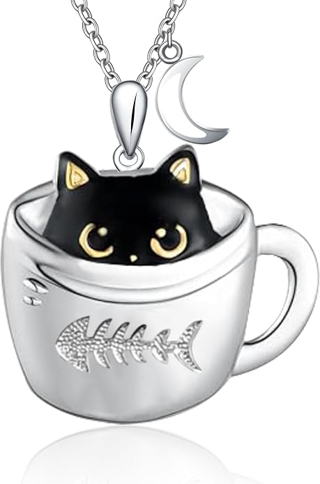 Black Cat and Moon Silver Pendant Necklace for Women - Cat Lover Jewelry Gift for Birthday Party