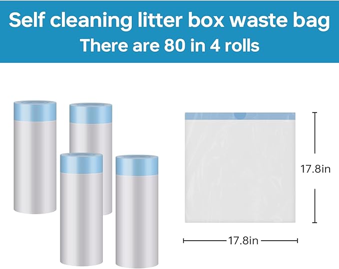 4 * 20 Count Trash Bags for Automatic Cat Litter Box Self Cleaning, Replacement Extra Large Liners for Robot Box, 4 Rolls Drawstring Waste Bags, 18 x 18 Inches（4 Rolls/80 Counts）