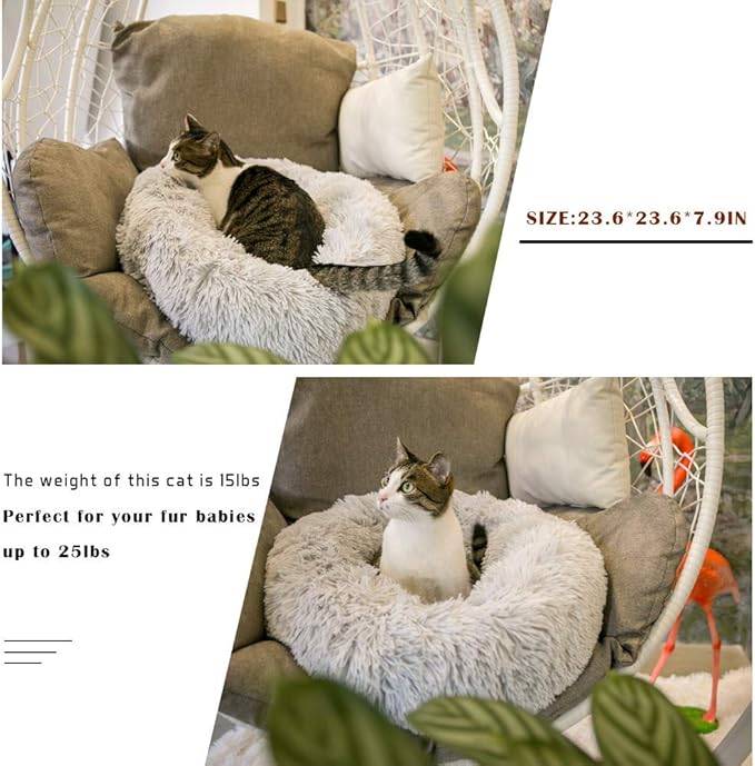 Calming Cat Beds for Indoor Cats, Anti Anxiety Round Fluffy Plush Faux Fur Cat Bed, Washable 23 inches Small Dog Bed & Cat Bed