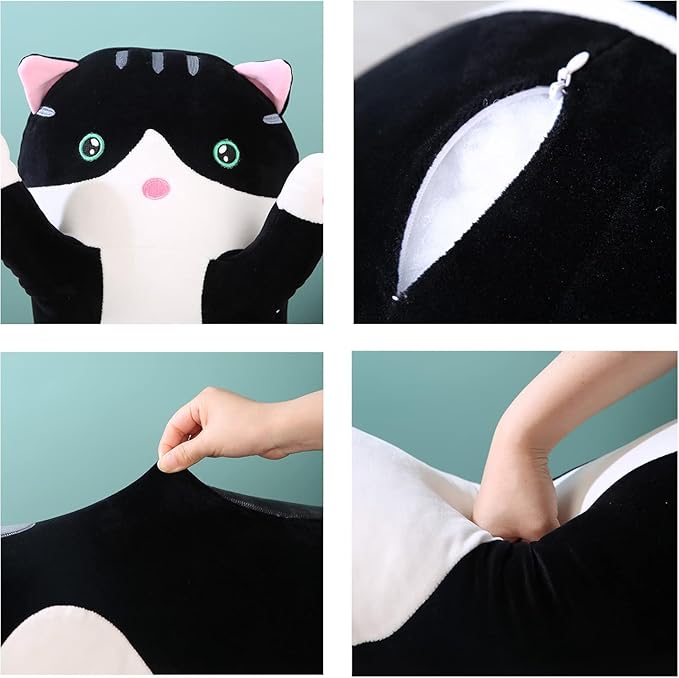 Cute Long Plush Cat Pillow,Soft Plushie Stuffed Animal Toy,Gift for Kids Girlfriend (Black, 43.3inch/110cm)