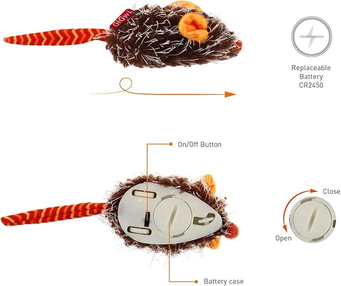 Gigwi Interactive Cat Toy Moving Mouse, Automatic Cat Toy Mice Electronic with Furry Tail, Squeaky Cat Toys for Indoor Cats/Outdoor Exercise (Orange Ear)