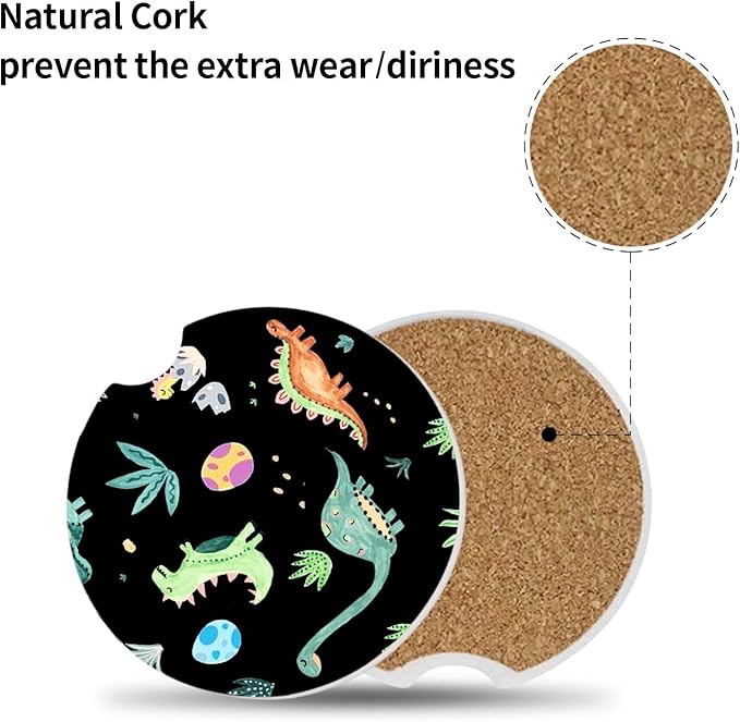Car Coasters Pack of 2,Cute Dinosaur Graffiti Ceramic Cup Holders Car Coasters,Keep Cup Holders Clean and Dry,Drink Cup Car Holder Coasters with A Finger Notch