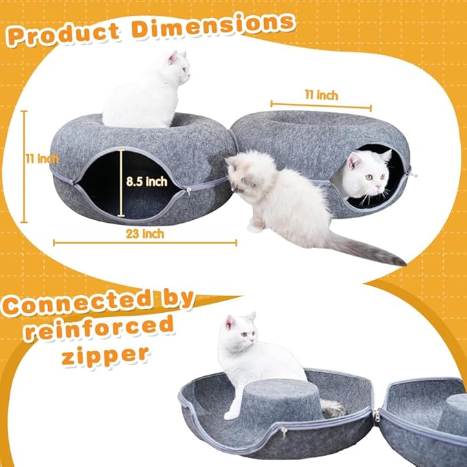 Cat Tunnel Bed, 2-in-1 Cat Donut Tunnel Bed for Indoor Cats Scratch Resistance & Washable & Detachable Round Felt Cat Cave Bed All Seasons (24 Inch, Dark Grey)