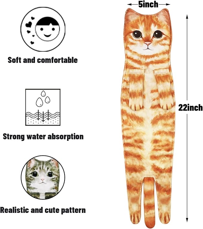 Hand Towels for Bathroom Kitchen,Cute Cat Quick-Dry Hanging Hand Towels Decorative for Bathroom Face Towels,Funny Gifts for Cat Lovers (Orange)