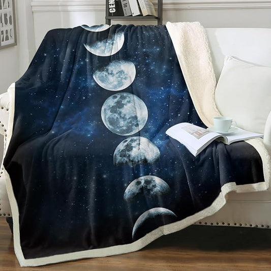 Sleepwish Lunar Eclipse Fleece Throw Blanket for Couch Chair Fuzzy Dark Blue Moon Phases Print Plush Sherpa Blanket for Kids, King(108"x90")