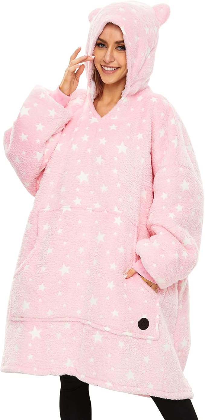 THREE POODLE Wearable Blanket Hoodie, Glow in The Dark Oversized Hoodie Blanket, Sherpa Hooded Blanket Sweatshirt for Adults Women Men Kids, Cozy Gifts