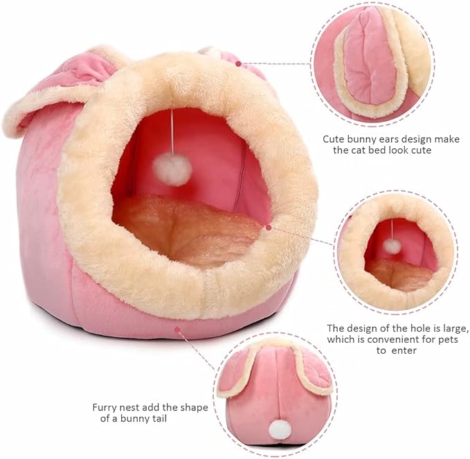 Cat Beds for Indoor Cats - Small Dog Bed with Anti-Slip Bottom, Rabbit-Shaped Cat/Small Dog Cave with Hanging Toy, Puppy Bed with Removable Cotton Pad, Super Soft Calming Pet Sofa Bed (Pink Large)
