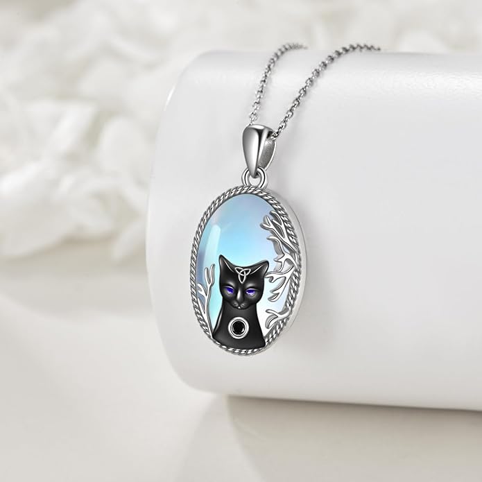 Black Cat Necklace Moonstone Sterling Silver Cats Moon Necklace Gothic Witch Black Cat Jewelry Gifts for Cat Lovers Women