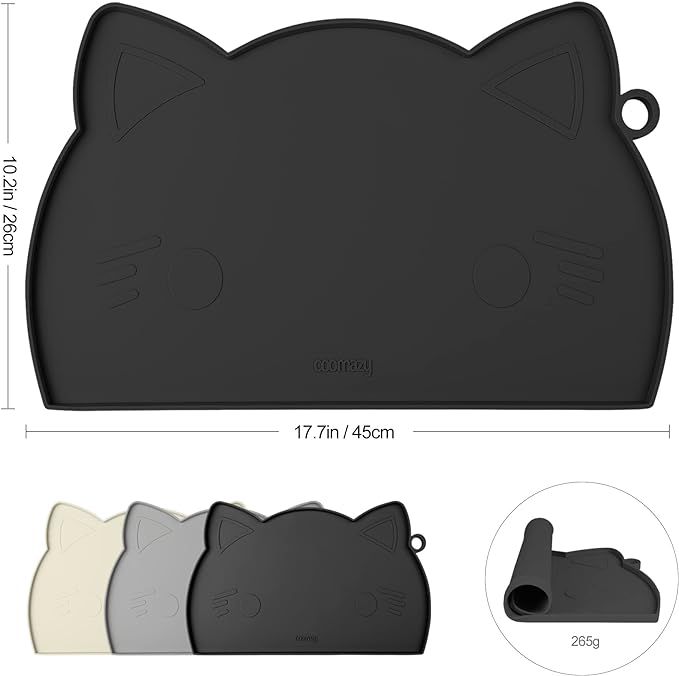 Coomazy Cat Food Mat, Thicker Dog Feeding Mat for Food and Water, Waterproof Non-Slip Silicone Mat for Floor, Dog Food Mat with Raised Edge to Prevent Food Spills and Water Runoff (Black, Medium)