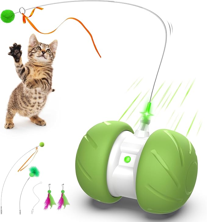 Interactive Cat Toys for Indoor Cats, Motion Activated Cat Toys, Automatic Cat Toy with Extra Long Feather Wand, Cat Mouse Toys, USB Rechargeable (Green)
