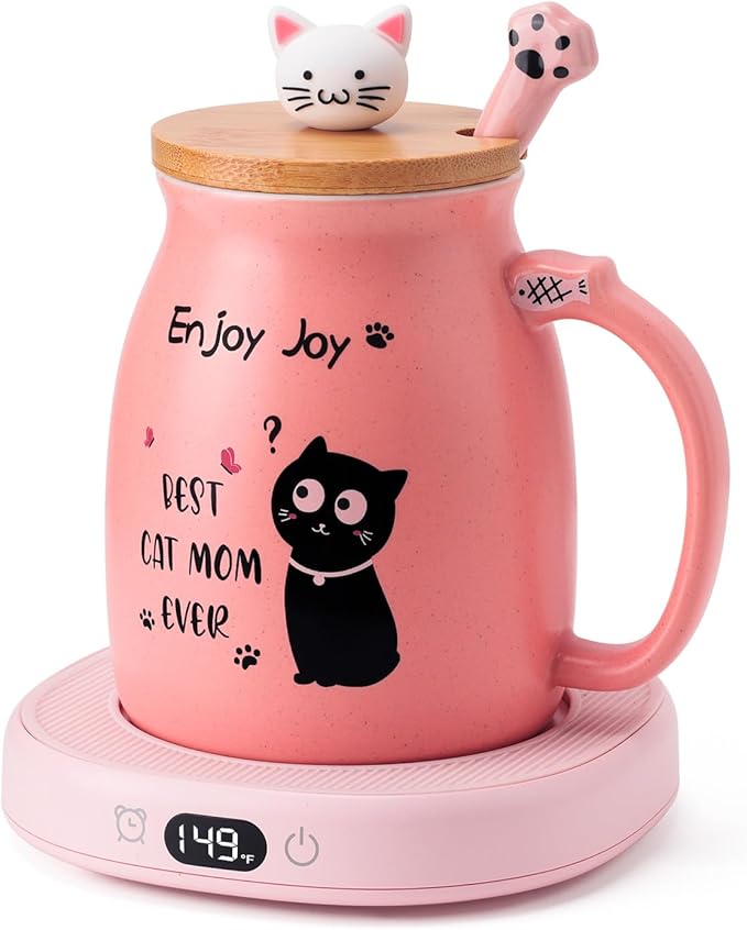Bsigo Coffee Mug Warmer & Best CAT MOM Ever Mug Set, Milk Tea Beverage Cup Warmer for Desk, Candle Warmer Plate with 3 Temp Settings, 8H Auto Shut Off, Womens Mothers Day Birthday for Mom Mother