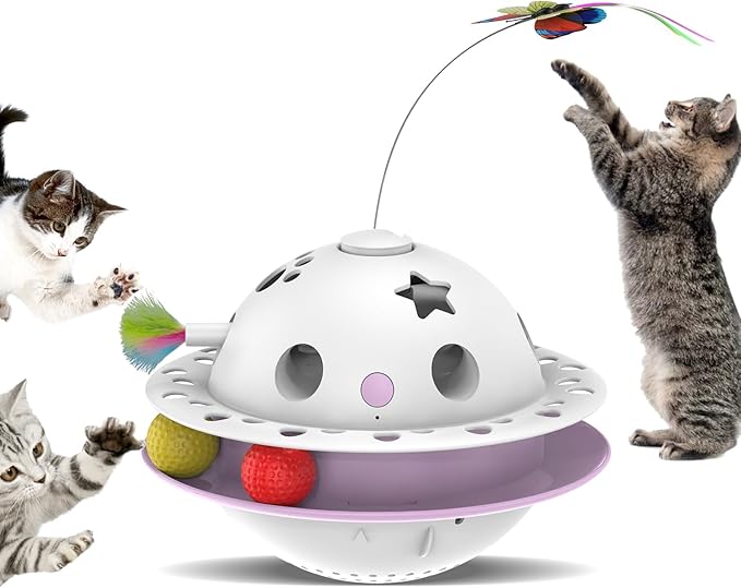 Interactive Cat Toys for Indoor Cats 4 in 1, Flying Butterfly, Shooting Feather, Catnip Balls, Automatic Kitten Toy, Dual Power Supplies & Stylish Design, Indoor Exercise Best Toy (Pink)