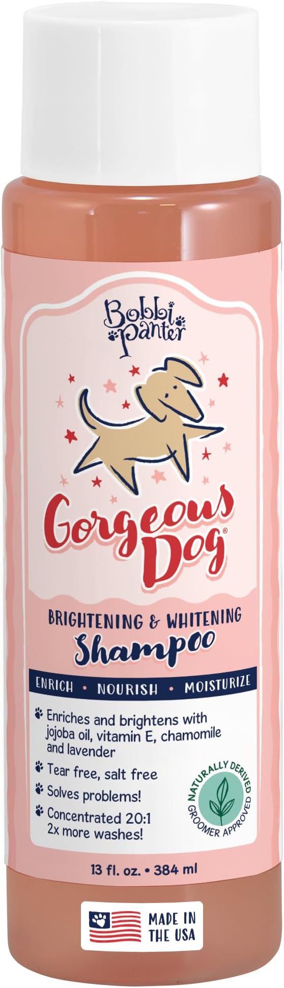 Bobbi Panter Gorgeous Dog Shampoo for Natural Brightening & Whitening, Naturally Derived Ingredients, Tear-Free, Salt-Free, Paraben-Free, pH-Balanced, Peach Scent, 20:1 Concentrated Formula, 13 oz.