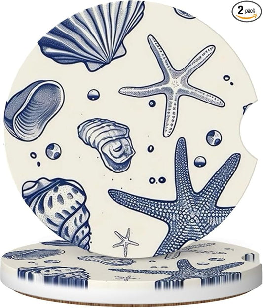 Absorbent Ceramic Car Coasters for Cup Holders, Blue Sea Starfish Shells Design 2.56" Anti Slip Universal Drink Cup Coasters for Women Men (2 Pack)