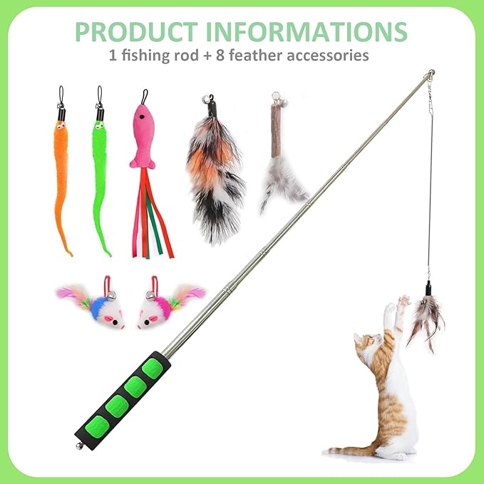 Cat Fishing Pole for Indoor Cats,Interactive cat Toys with Colorful Feather and Bell. (Green)