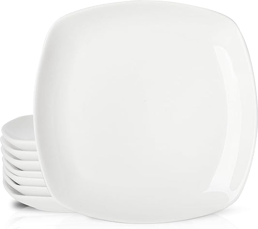 8 Pack Ceramic Appetizer & Dessert Plates, 7 inch White Square Dinner/Salad Plates for Snacks, Side Dishes, Casual Hosting, Dishwasher & Microwave Safe