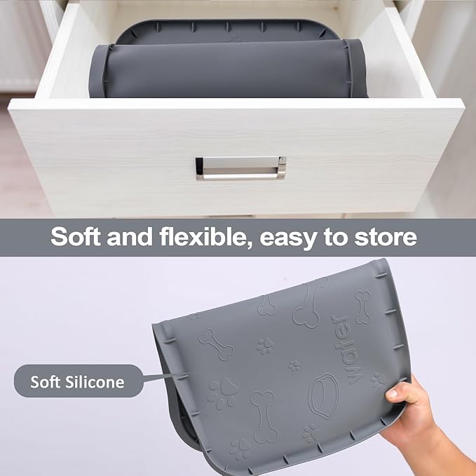 Silicone Pet Feeding Mat with Raised Edge for Food and Water, Dog Cat Food Mats Contain Spills Protects Floors, Dog Cat Bowls Placemat with High Lip for Floor Waterproof, Pets Accessories 19"x12"