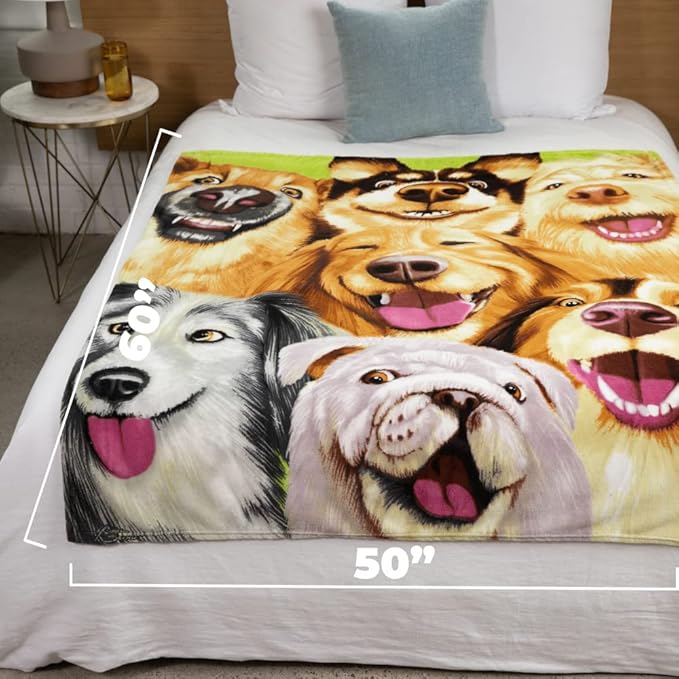 Dawhud Direct Cartoon Selfie Dog Fleece Blanket for Bed, 50" x 60" Puppy Fleece Throw Blanket for Women, Men and Kids - Super Soft Plush Dog Blanket Throw